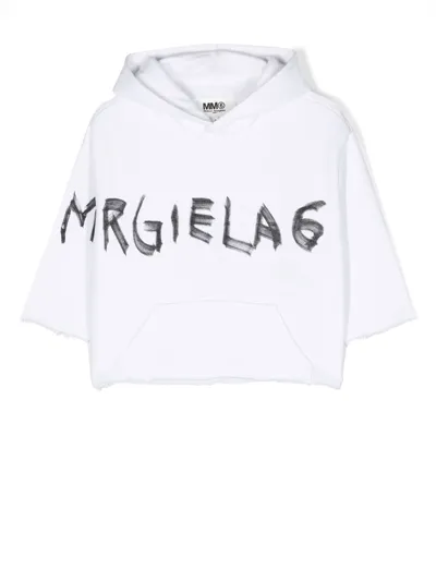 Mm6 Maison Margiela Kids' Logo-print Raw-cut Hoodie In White