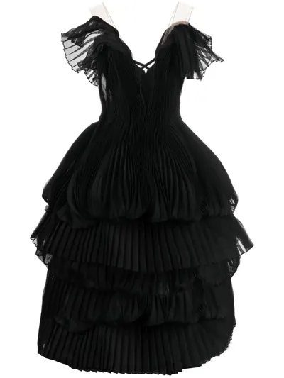 Marchesa Pleated Tiered Gown In Black