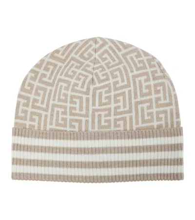 Balmain Metallic Monogrammed Wool-blend Beanie In Naturel