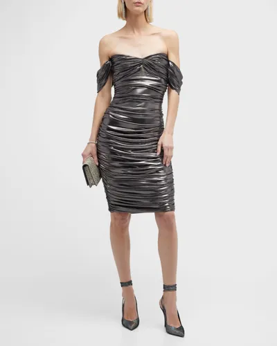 Norma Kamali Walter Winglet-sleeve Shirred Sweetheart Lame Dress In Gunmetal