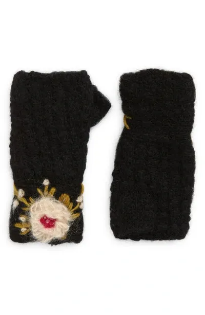 French Knot Mae Embroidered Fingerless Mohair & Wool Gloves In Black