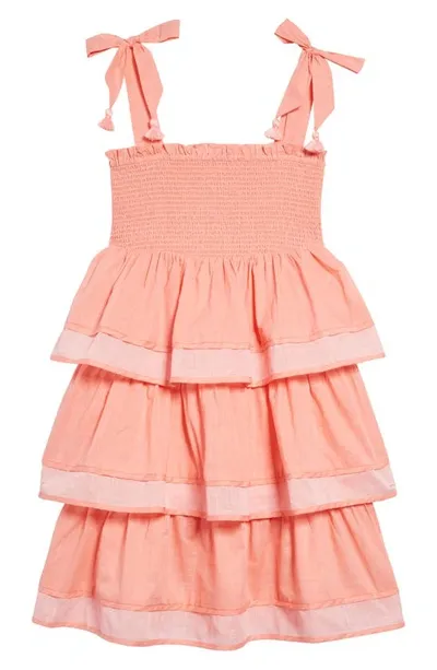 Zimmermann Kids' Tiggy Tie Shoulder Shirred Tiered Cotton Dress In Peach