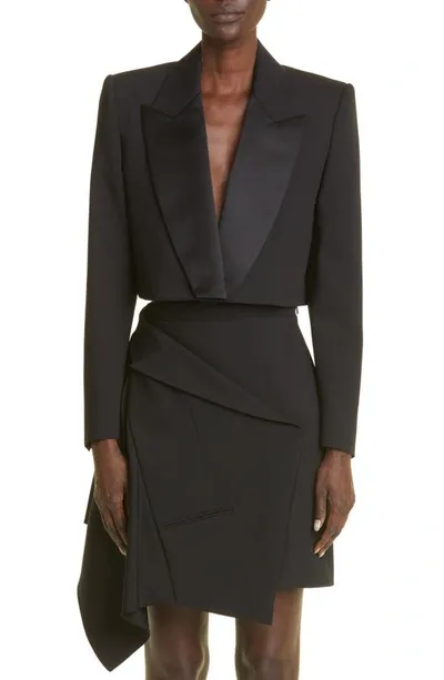 Alexander Mcqueen Satin-lapel Crop Blazer Jacket In Black