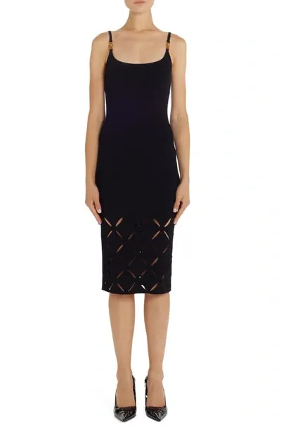 Versace Embellished Lazer-cut Stretch-knit Midi Dress In Black