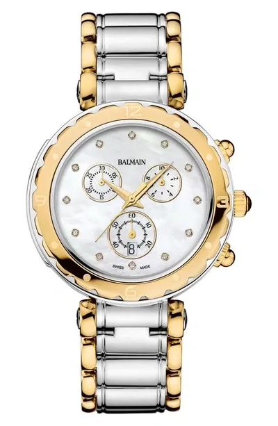 Balmain Women's Swiss Chronograph Ia Diamond (1/20 Ct. T.w.) Two-tone Stainless Steel Bracelet Watch In Silver,yellow