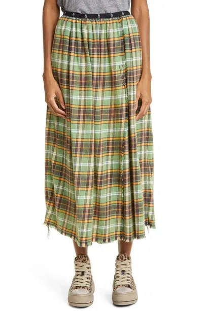 R13 Plaid Faux Wrap Midi Skirt In Green Plaid