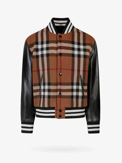 Burberry Checked Wool-blend And Full-grain Leather Varsity Jacket In Birch Brown