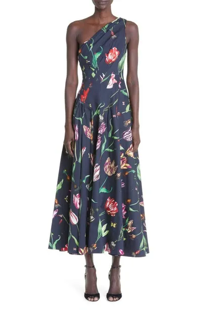 Oscar De La Renta One-shoulder Tulip Mania Maxi Dress In Navy Multi