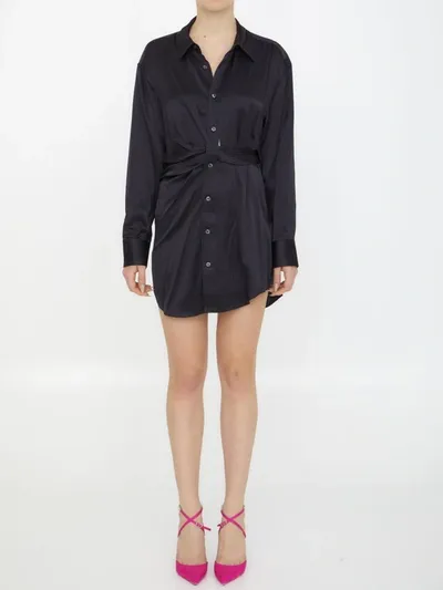 Alexander Wang Draped Cotton Poplin Mini Shirt Dress In Black