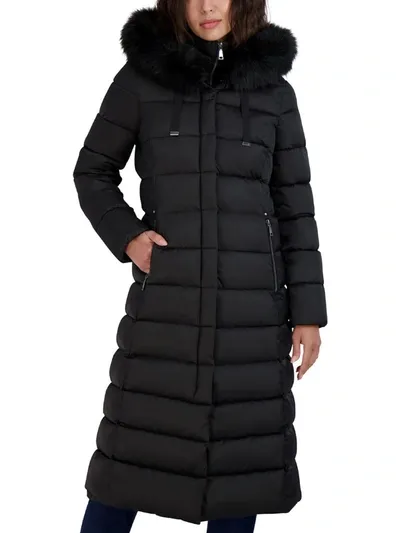 Tahari Womens Maxi Shine Bibbed Faux-fur-trimmed Hooded Puffer Coat In Black