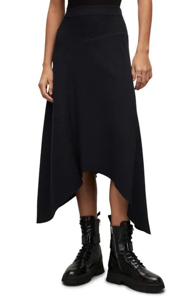 Allsaints Gia Rib Handkerchief Midi Skirt In Black