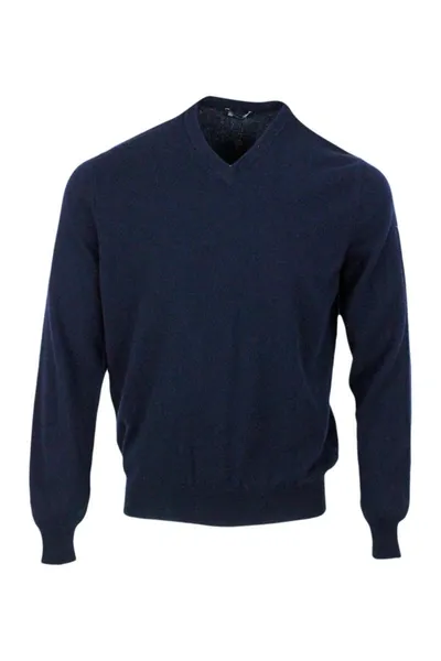 Colombo Long-sleeved V-neck Sweater In Fine 2-ply 100% Kid Cashmere With Special Processing On The Edge Of T In Azul