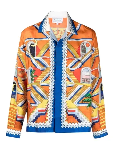 Casablanca Orange And Blue Escalier Infinite Print Silk Shirt In Multicolor