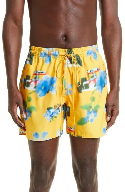 Rhude Straight-leg Mid-length Printed Swim Shorts In Yellow Multi