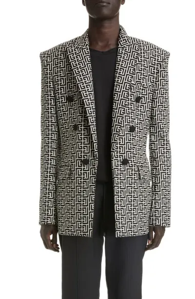 Balmain Monogram-jacquard Double-breasted Cotton Blazer In Schwarz