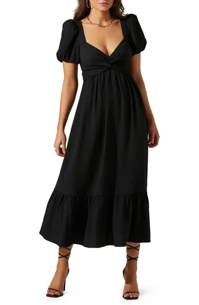 Astr Tie Back Puff Sleeve Midi Dress In Black