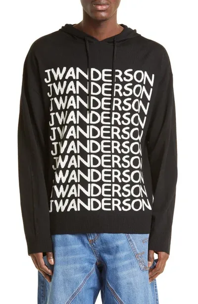 Jw Anderson Intarsia-logo Long-sleeve Hoodie In Black White