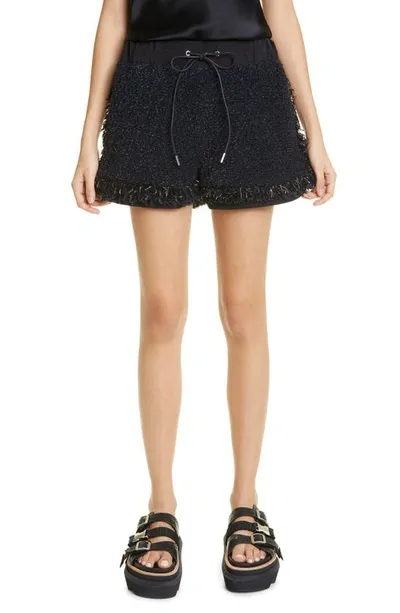 Sacai Metallic Fringe Tweed Pull-on Shorts In Black