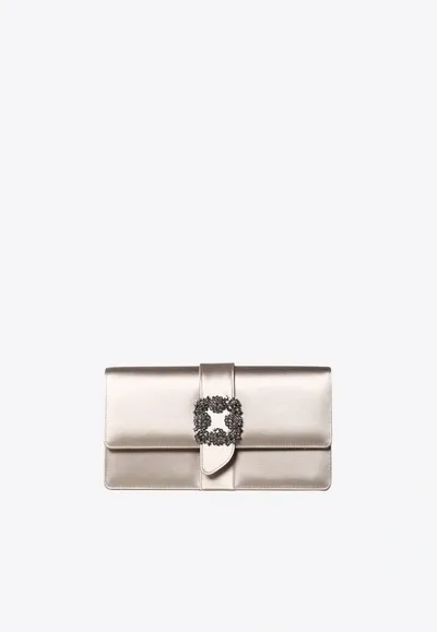 Manolo Blahnik Capri Crystal Buckle Satin Clutch In Gray