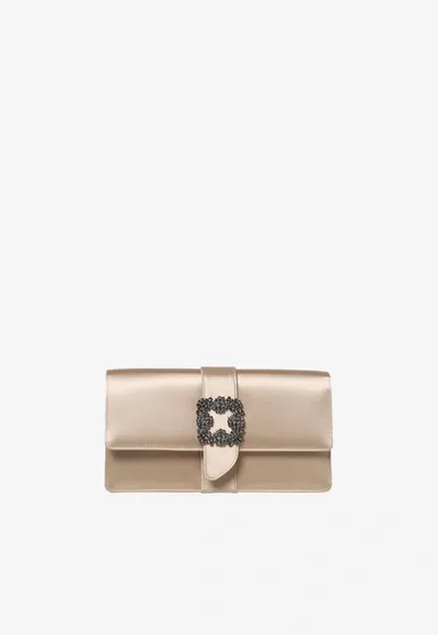 Manolo Blahnik Capri Satin Clutch With Fmc Crystal Buckle In Nude