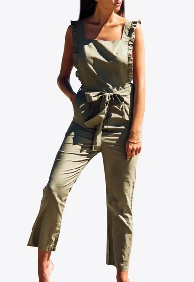 Les Canebiers Belieu Open Back Belted Jumpsuit In Khaki