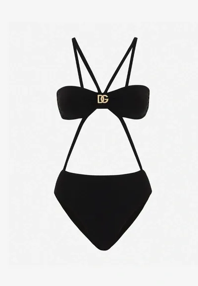 Dolce & Gabbana One-piece Swimsuit With Dg Logo And Laces In Black