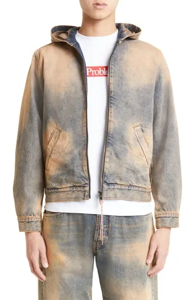 Aries Logo Acid Wash Hooded Denim Jacket In Nude