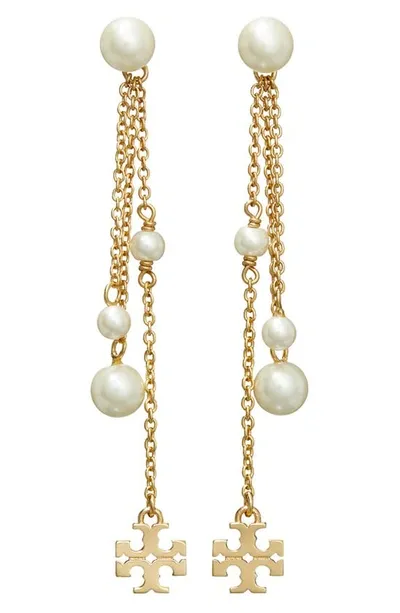 Tory Burch Kira Imitation Pearl Linear Drop Earrings In Gold