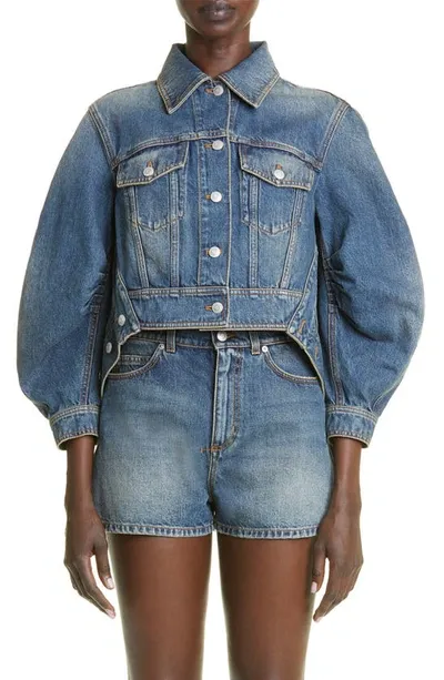 Alexander Mcqueen Cropped Puff-sleeve Denim Jacket In Indigo Washed