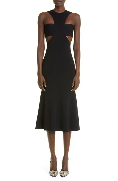 Alexander Mcqueen Cut-out Flared-hem Knitted Midi Dress In Black