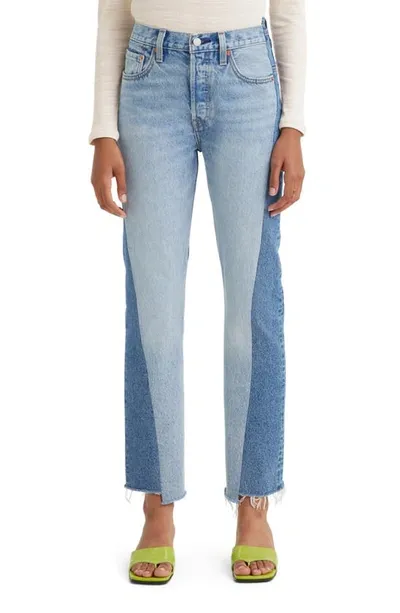 Levi's 501 Spliced High Rise Straight Jeans In Waste Not Want Not In Indigo Stonewash