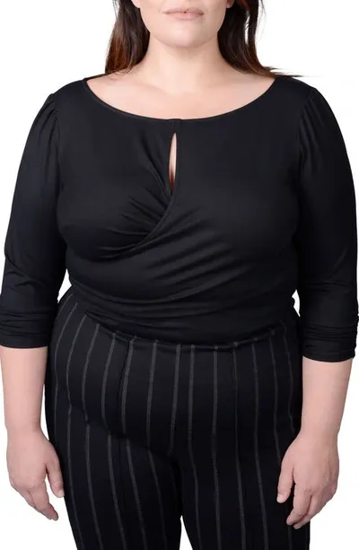 Mayes Nyc Plus Size Tamara Knit Keyhole Wrap Top In Black Solid