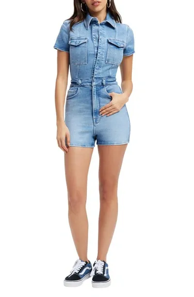 Good American Fit For Success Denim Utility Romper In Blue