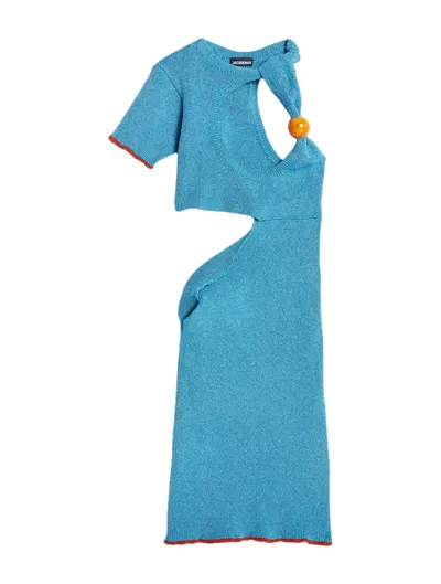 Jacquemus Short Asymmetrical Beaded Dress Blue La Robe Brilho In Turquoise