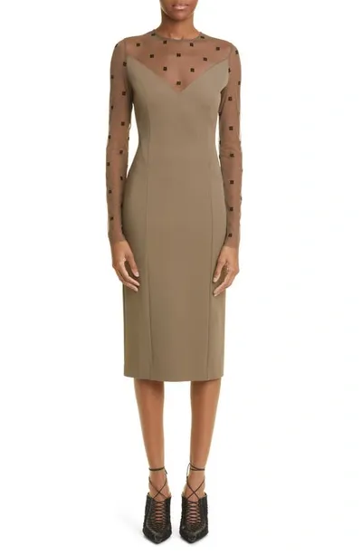 Givenchy 4g Mixed Media Long Sleeve Midi Dress In Green