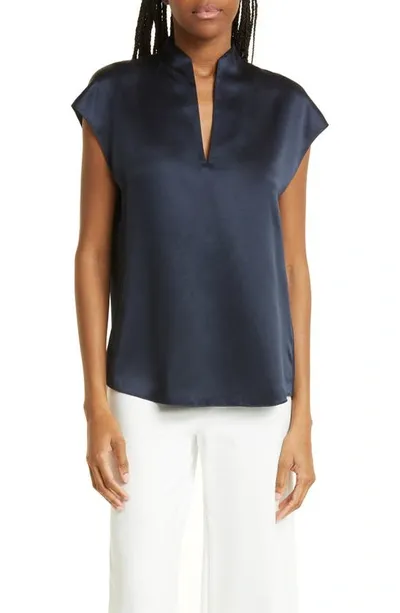 Vince Split-neck Silk Blouse In Blue