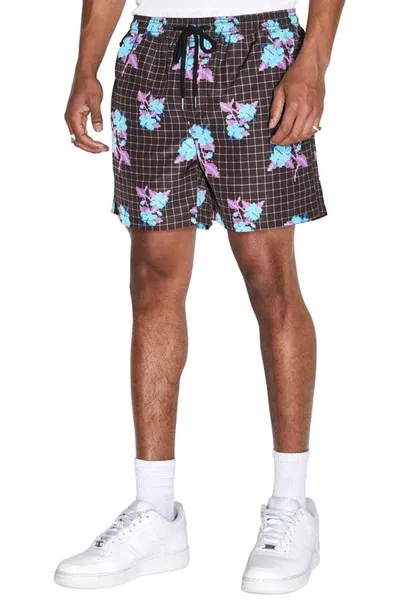 Ksubi Low Res Floral Check Swim Trunks In Denim