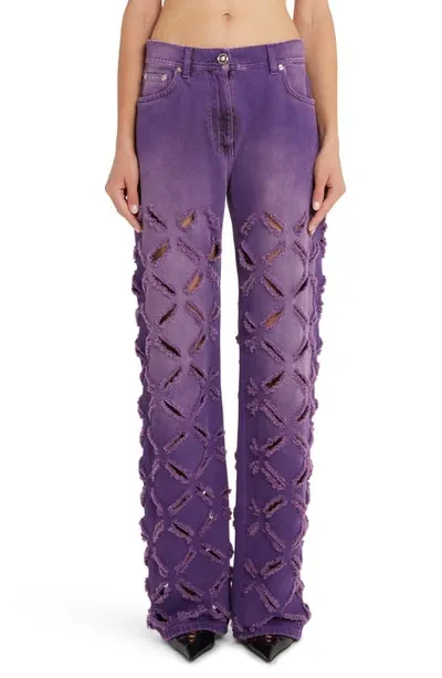 Versace Laser Cut Distressed Straight-leg Bleached Jeans In Purple