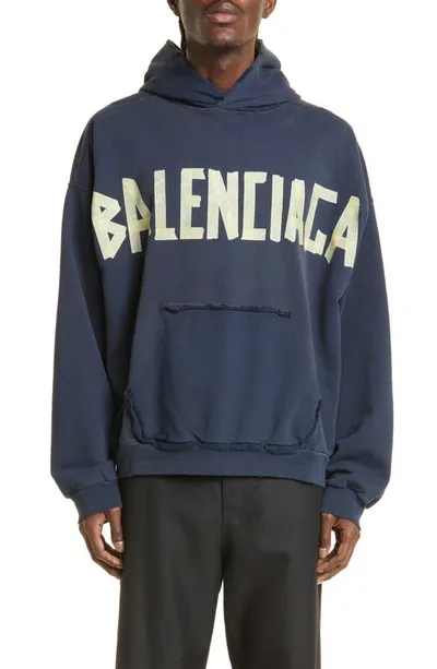 Balenciaga Tape Logo Cotton Jersey Hoodie In Blue