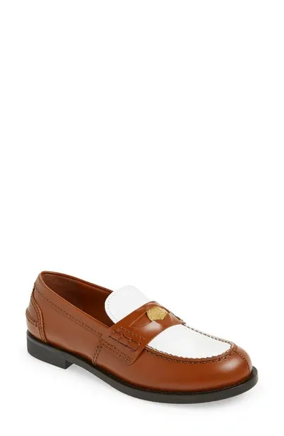 Miu Miu Colorblock Leather Penny Loafers In Tabacco Bianco