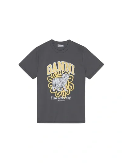 Ganni Short Sleeve Relaxed Cat T-shirt In Grey