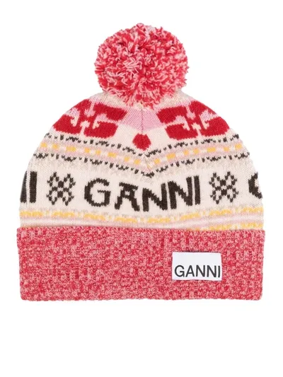 Ganni Logo-patch Intarsia-knit Beanie In Multicolour