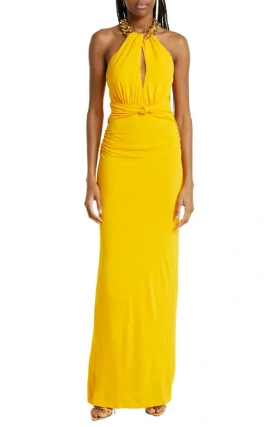 Rebecca Vallance Phoenix Halter Column Gown In Yellow