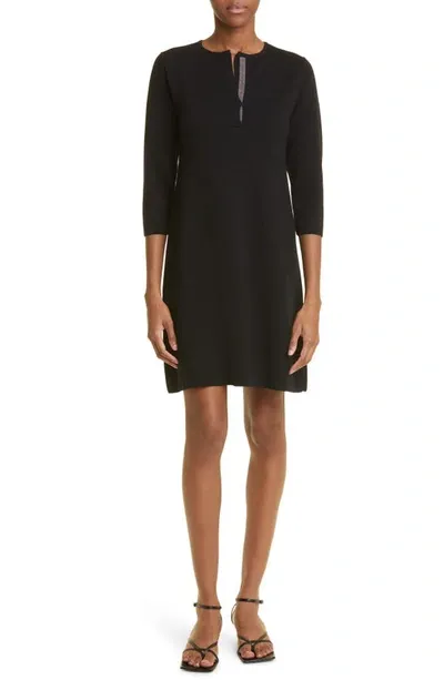 Fabiana Filippi Split Neck Long Sleeve Wool Knit Shift Dress In Black