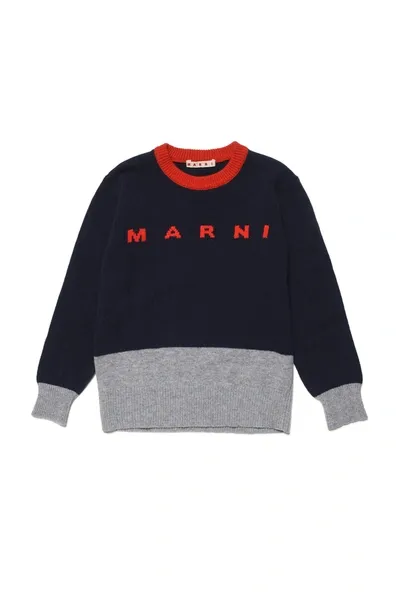 Marni Kids' Intarsia-logo Panelled Jumper In Blue