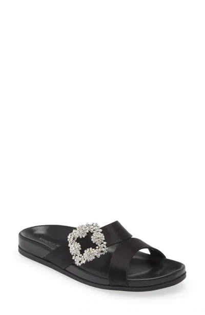 Manolo Blahnik Chilanghi Crystal Buckle Slide Sandals In Black