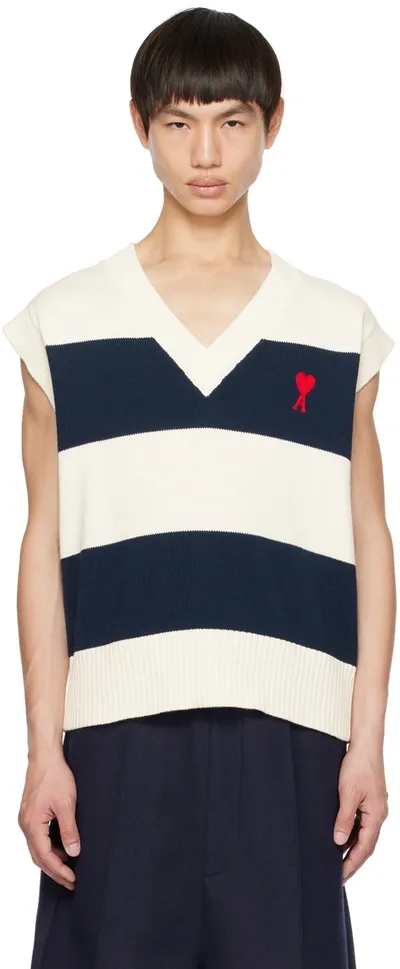 Ami Alexandre Mattiussi Navy & Off-white Ami De Cœur Vest In Naut Blue/nat White/