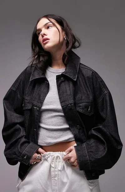 Topshop Oversized Borg Denim Jacket In Washed Black