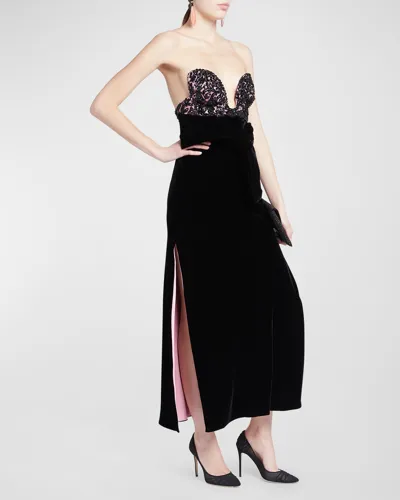 Giorgio Armani Crystal Lace Bustier Cowl-back Slits Velvet Gown In Printed