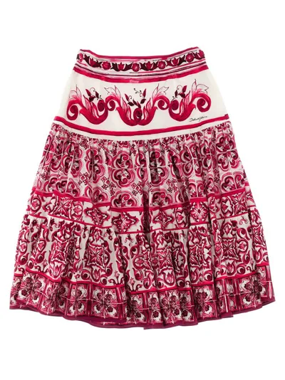 Dolce & Gabbana Kids' Majolica Print Cotton Poplin Midi Skirt In Pink